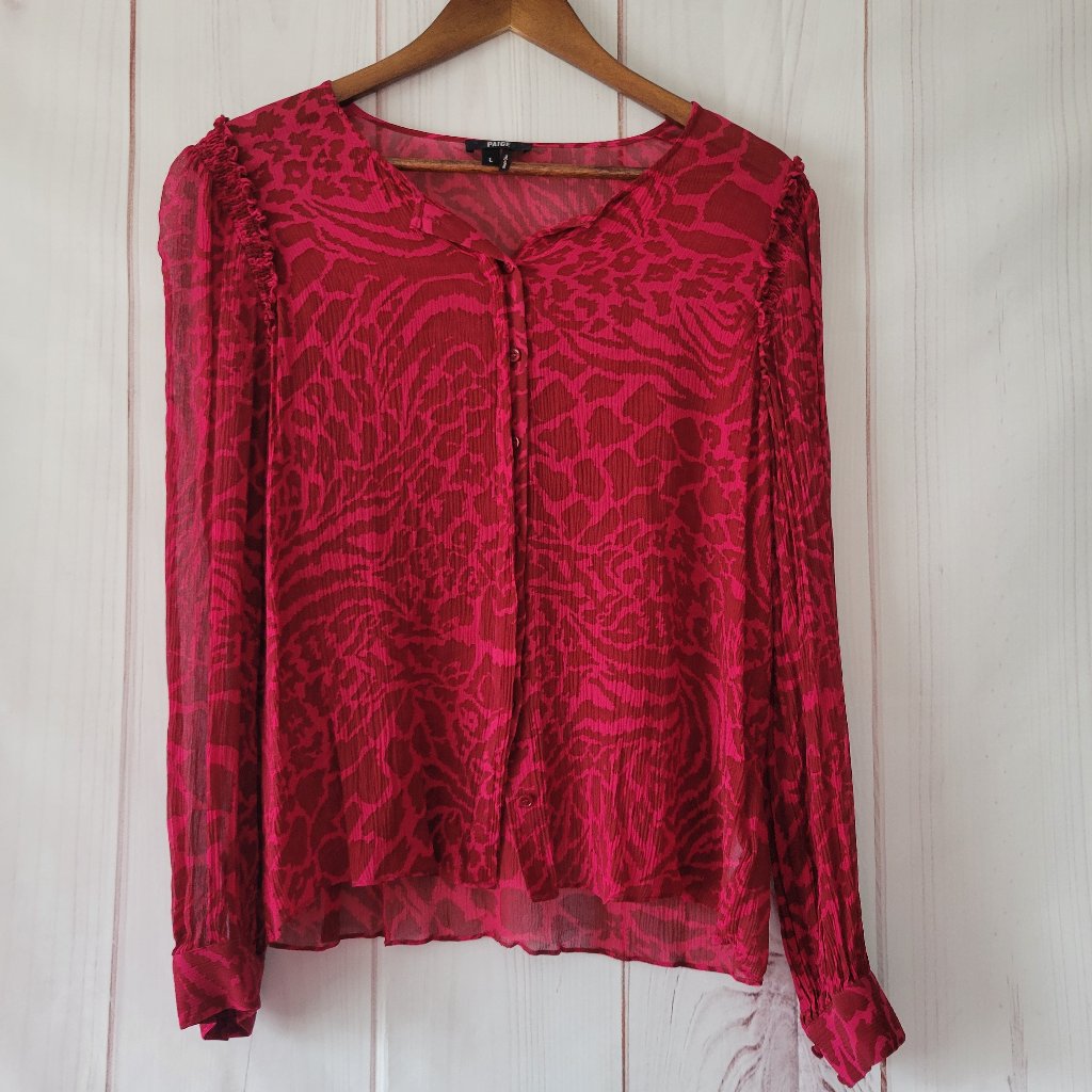 Paige Long Sleeve 100% Silk Blouse, Women’s L, Red, Sheer, Animal Print, Euc